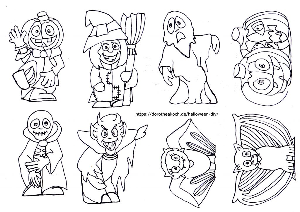 Ausmalbild Halloween: Kürbis, Hexe, Gespenst, Skelett, Teufel, Fledermausi, Fledermaus