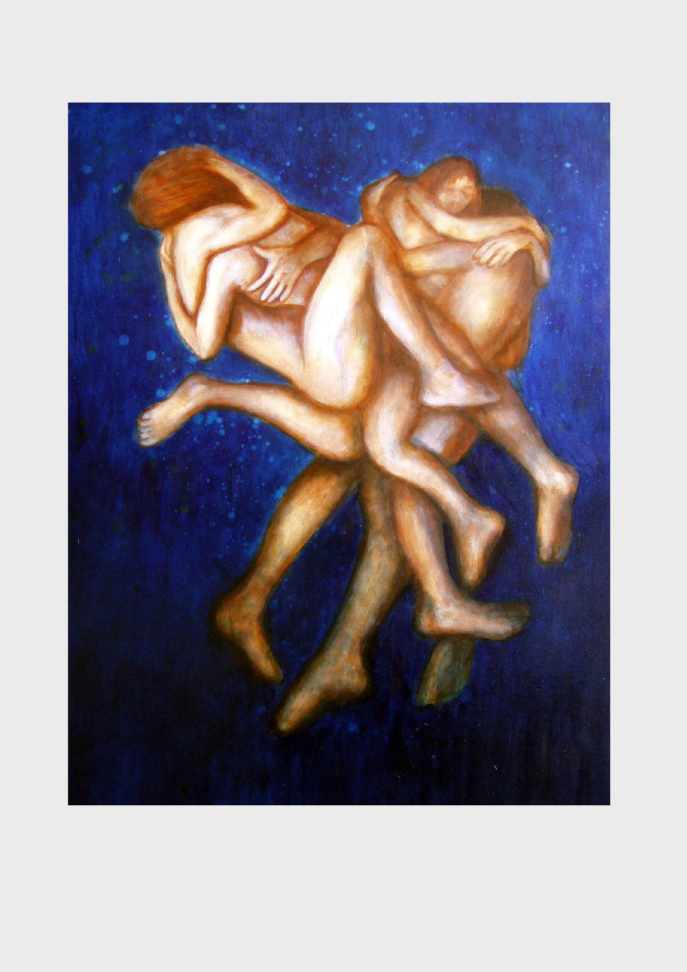 Liebe. Nimm meine Seele. Homage an den Film: The soul keeper. Ein Liebespaar schwebt vor einem blauen Sternehimmel, vergessen, versunken, vereint. Romantisches Motiv auf Leinwand, gemalt von Dorothea Koch.