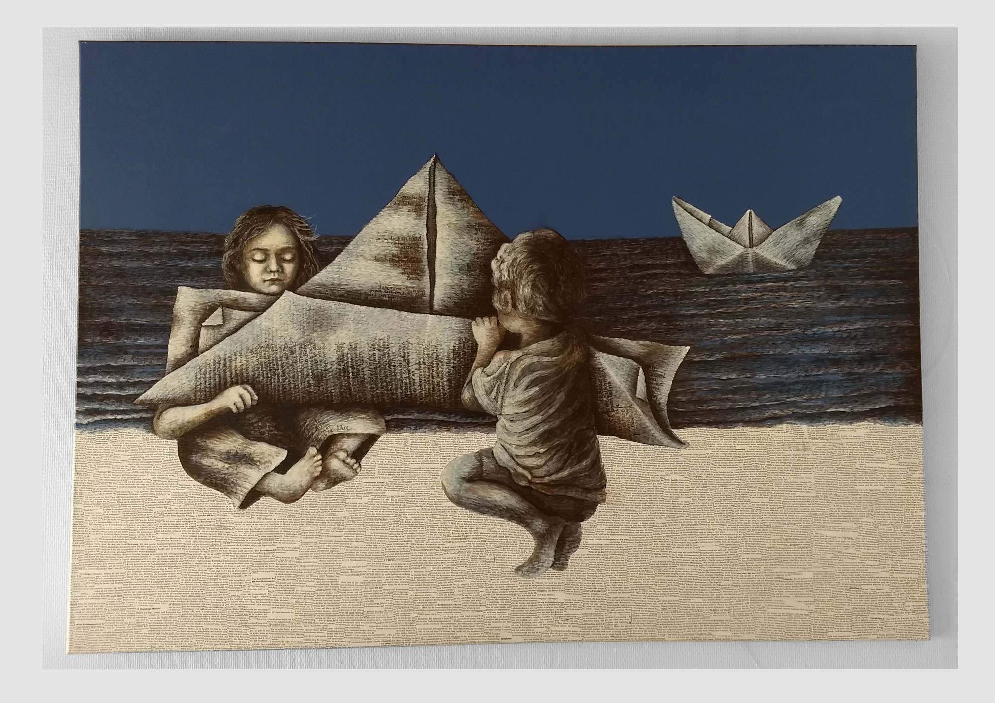 Malerei für bibliophile Bücherfans: Papierschiff, zwei Kinder falten ein Boot aus Worten.