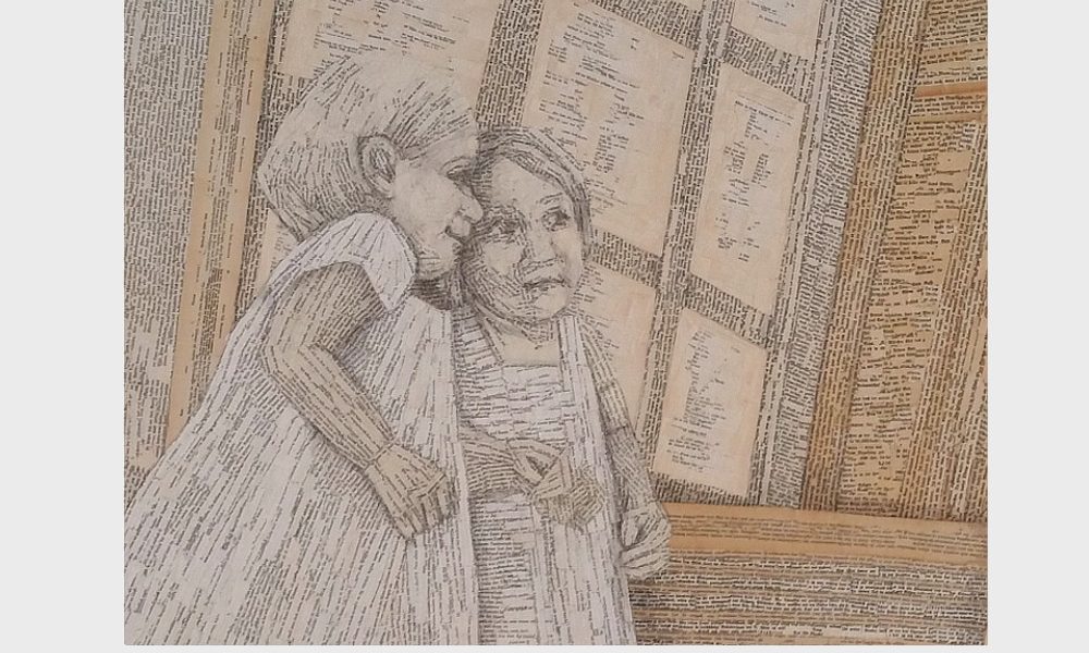 Leinwand, Buchseiten, Bleistiftzeichnung: Buch Bild einer Lesenden, das kleine Mädchen blickt in den Spiegel und der Spiegel ist ihr Buch. Querformat, beige und gelb Töne. Malerei von Dorothea Koch.